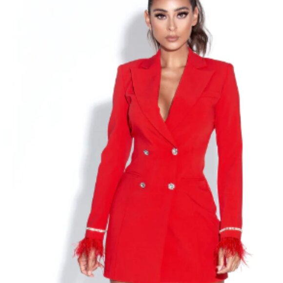 Miss Circle Quilla Red Feather Crystal Sleeve Backless Blazer Dress Small US 4-6 - Picture 1 of 16